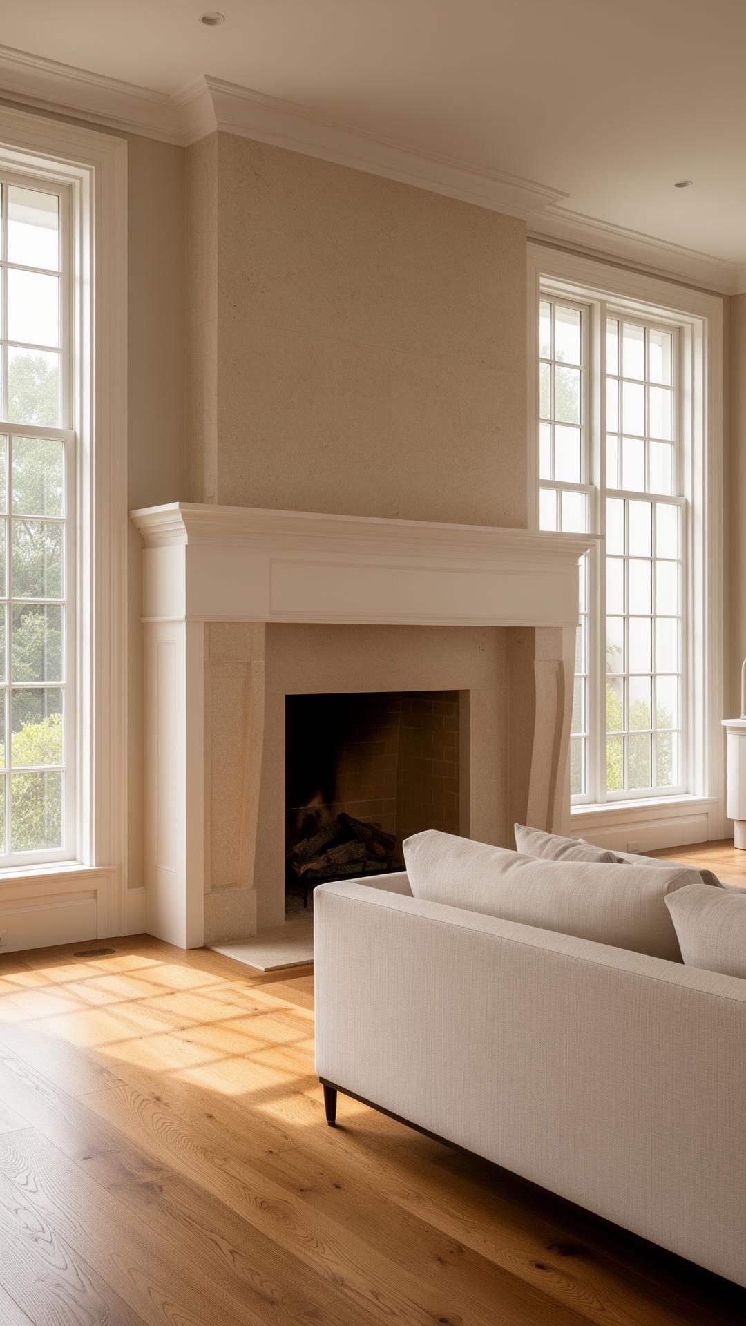 Hamptons living room with limestone fireplace