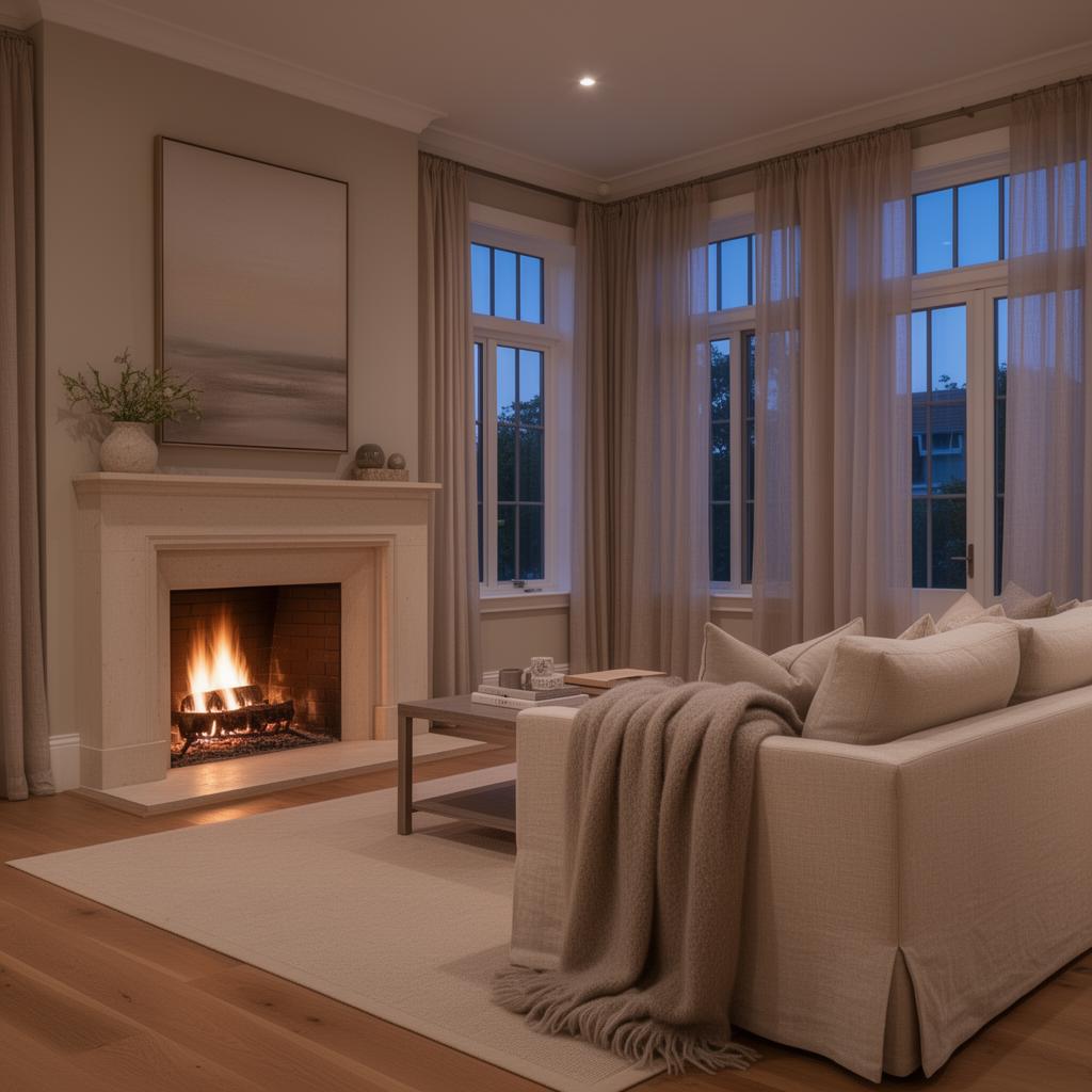 Hamptons living room with limestone fireplace at dusk